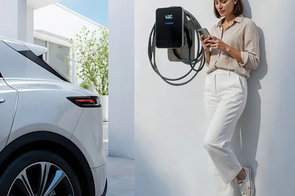V2C Trydan 2027 fixé au mur avec une personne qui analyse ses statistiques de charges, à côté de sa voiture