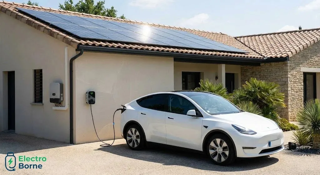 Voiture électrique blanche en charge devant une maison équipée de panneaux solaires (illustration)
