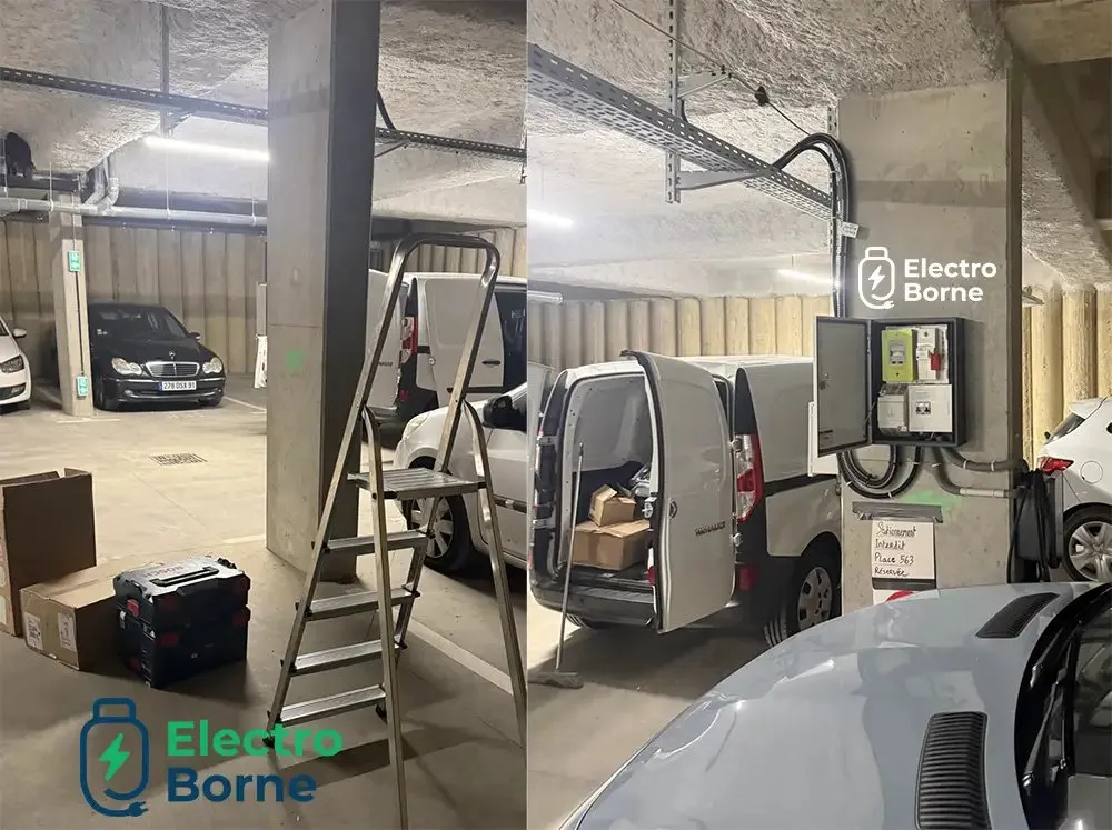 Borne murale posée dans un parking souterrain de copropriété