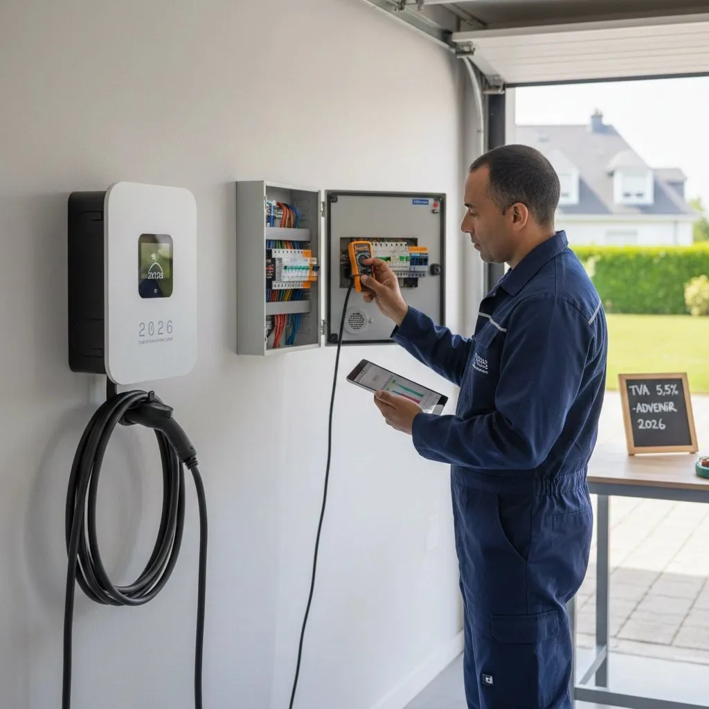Technicien devant un tableau électrique, à côté d’une borne de recharge murale dans un garage
